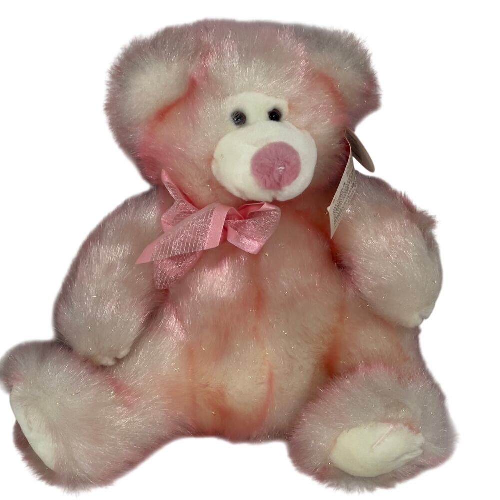 Russ Berrie Taffie Bear Pink & Cream Sparkly Fur Plush Toy Machine Washable 9"